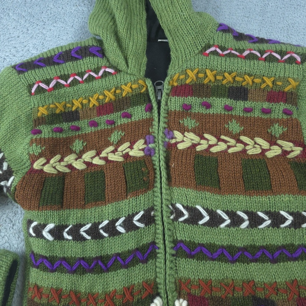 Sweater Womens Medium Green Hooded Wool Knit Embroidered Floral Nepal Boho - Picture 3 of 10